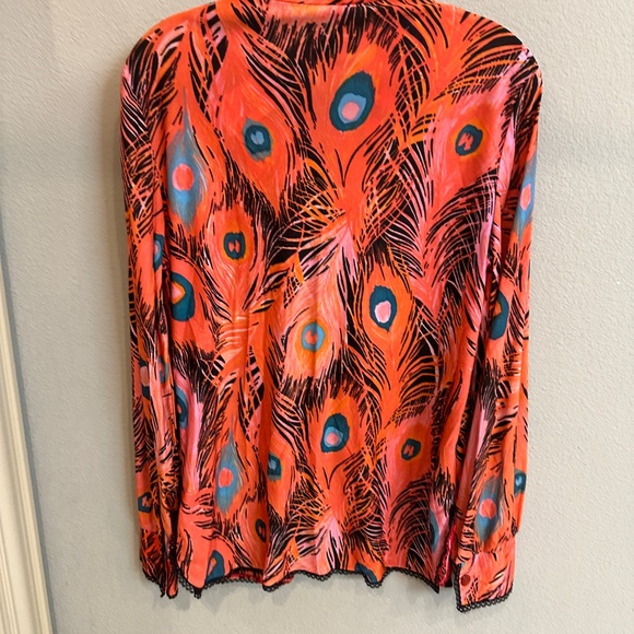 Vintage 70s/80s Mr. Stan Peacock Feather Print Button Down Woven Rayon Blend L - Picture 2 of 15
